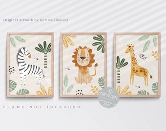 Safari Animal Nursery Print Set: Lion, Zebra, Giraffe Wall Art