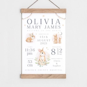 Birth details print, Bunny Rabbit print, Birth poster, Baby name print, Baby name sign, Christening/baptism gift, Baby name wall art