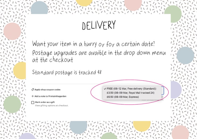 Op de afbeelding: Een wit tekstvak met een zwart vinkje en de tekst "FREE (08-12 Mar, Free delivery (Standard)) &pound;3.50 (08-09 Mar, Royal Mail tracked 24) &pound;6.50 (08-09 Mar, Express)"