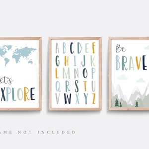 Boys outdoor wall art, Set of 3, Baby name print, Map of the world, Be brave print, Let's explore, Nursery Quote print, Alphabet print
