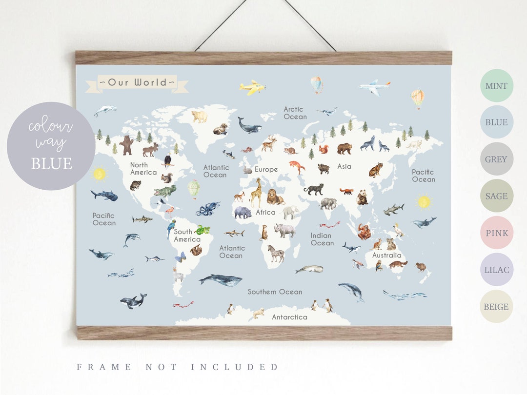 Animal World Map Print: Educational Kids Nursery Decor - Etsy UK