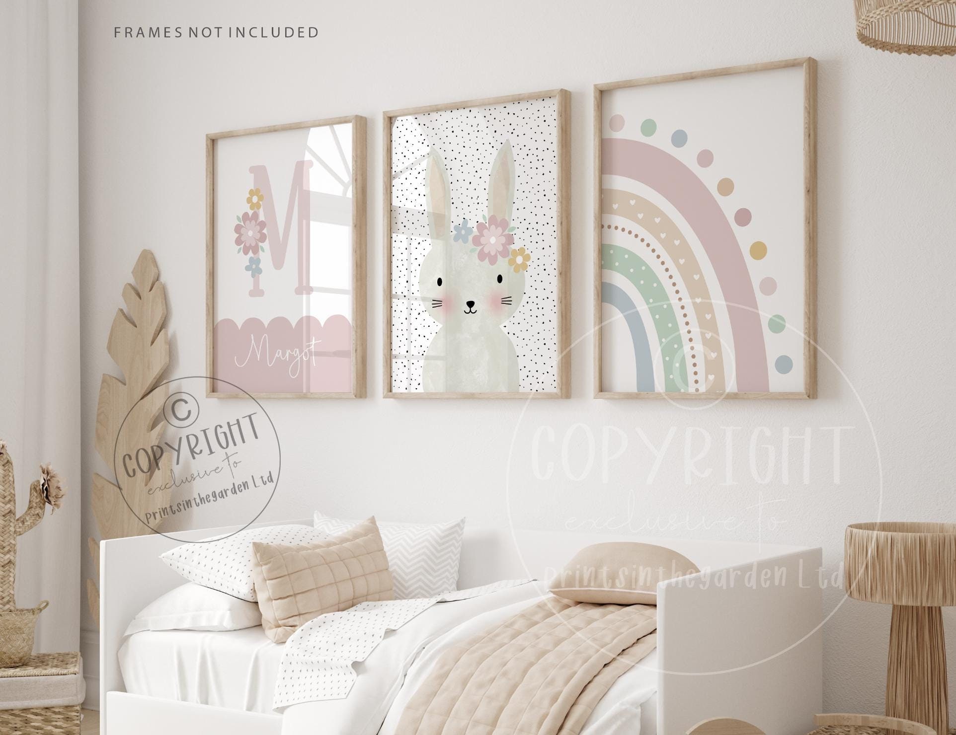 Bunny Nursery Print Set: Pink Floral Rabbit, Rainbow Decor - Etsy