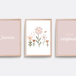Wildflower nursery print, Set of 3 prints, Pink nursery decor, Floral nursery print, Baby name print, Girl bedroom art, kid name art