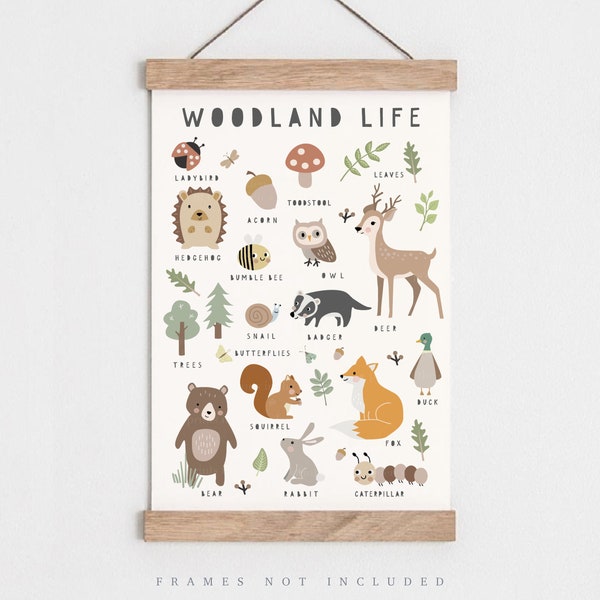 Woodland life print, Kids bedroom print, Nursery wall art, Forest nursery, Outdoor kids art, Woodland animals, Natural wall art