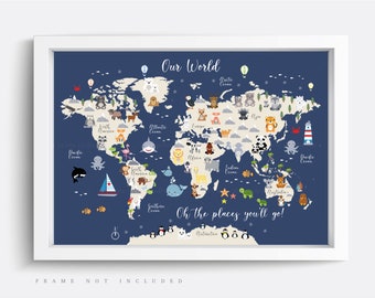 Peut inclure: Une carte du monde bleue et beige avec des illustrations d'animaux et le texte "Our World" et "Oh the places you'll go!"