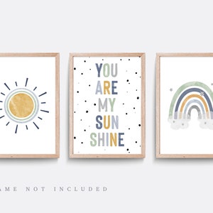 You are my sunshine print, Nursery wall art, Set of 3 prints, Rainbowy Nursery print, Bedroom wall art, Baby nursery decor, Sun wall art