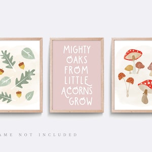 Nursery wall art, Set of 3, Acorn nursery prints, Leaf print, Toadstool art, Woodland theme, Outdoor wall art, Forest nursery art