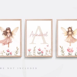 Fairy nursery print, Girl&#39;s fairy print, Fairy wall art, Pink nursery decor, Girls nursery art, girl name print, Girls bedroom art, Set of 3