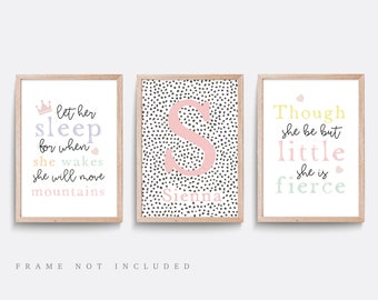 Girls nursery prints, Set of 3 prints, Pink nursery decor, Name print, Let her sleep, Though she be but little she is fierce, Pink quote art