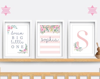 Floral Nursery Print Set: Pink Flower Decor, Personalized Name Art