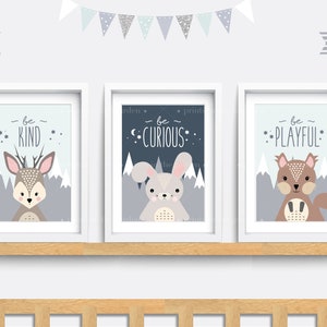 Woodland animal print, Set of 3 animal prints, Forest Nursery wall art, Kid bedroom art, Baby nursery decor, Bunny, Deer print, Squirrel art