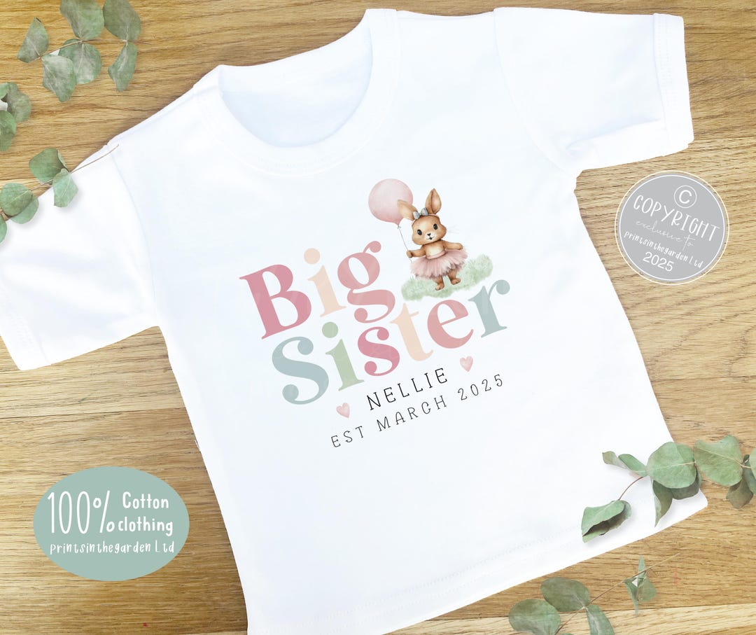 ビッグシスターTシャツ：ウサギのアナウンス、女の子用コットンTシャツ 