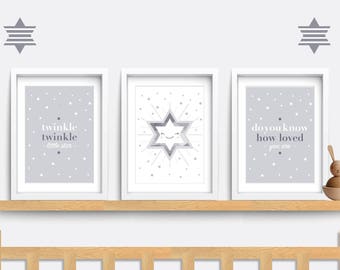 Nursery wall art, Set of 3 Star prints, Twinkle twinkle little star, Star nursery decor, Grey nursery prints, Nursery quote print, Star art