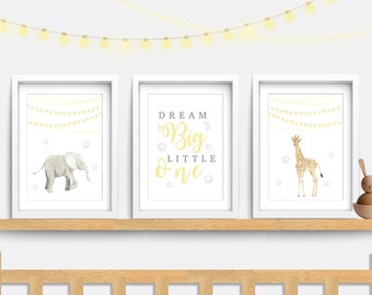 Elephant Nursery wall art, Set of 3 prints, Giraffe Nursery print, Nursery decor, Yellow wall art, Moon and stars, Dream big little one art