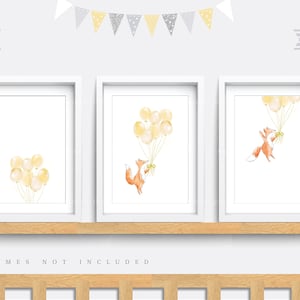 Nursery wall art, Woodland nursery print, Fox nursery art, Set of 3 prints, Forest print, Kid bedroom art, Baby nursery decor, Balloon print