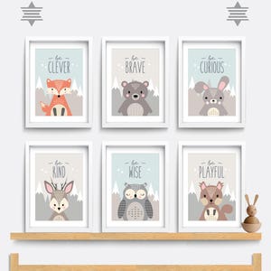 Woodland Nursery wall art, Set of 6 animal prints, Be brave be kind, Kid bedroom art, Baby nursery decor, Fox, Bear, Owl print, Deer print