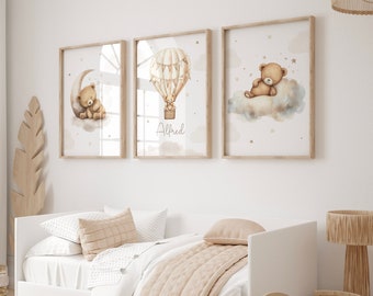 Teddy Bear Nursery Print Set: Cloud & Hot Air Balloon Wall Art