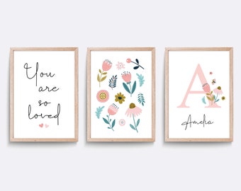 Floral Nursery Print Set: Pink Flower Decor, Personalized Name Art