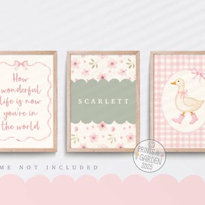 May include: Three framed art prints with a nursery theme. One print has the text "How wonderful life is now you're in the world". Another has the name "SCARLETT". The third print features a duck wearing boots. All prints have a pink and beige color scheme.