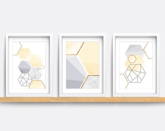 Abstract Geometric Prints: Yellow & Gray Minimalist Wall Art (Set of 3)