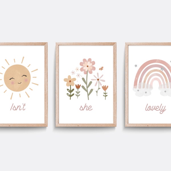 Isn't she lovely print, Wildflower nursery print, Set of 3 prints, Pink, Floral nursery print, Rainbow art, Girl bedroom art, Sunshine print