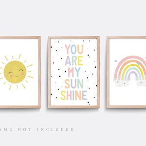Rainbow nursery print, Rainbow wall art, Neutral nursery decor, You are my sunshine nursery art, Baby name print, Girl bedroom art, Set of 3