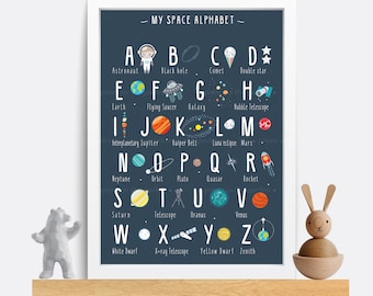 May include: A colorful alphabet poster with space-themed illustrations. Each letter is paired with a space-related word, such as astronaut, black hole, comet, and double star. The poster has a dark blue background and white lettering.