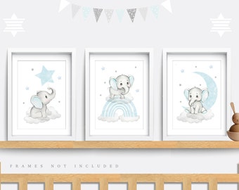 Elephant Nursery Prints: Rainbow Decor, Blue & Gray Set of 3