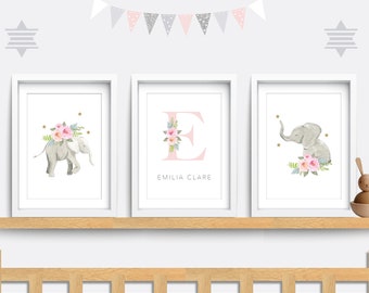 Elephant Nursery Prints: Set of 3, Pink Floral Safari Animal Art