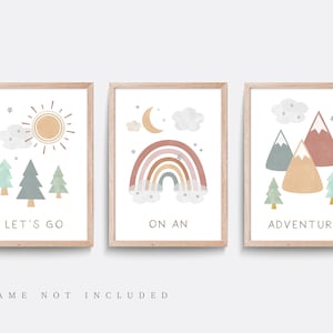 Nursery wall art, Set of 3, Green nursery prints, Mountain nursery decor, Adventure print, Outdoor, Forest nursery art, Rainbow art