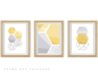 Abstract Geometric Prints Set: Mustard Yellow and Gray Minimalist Wall Art