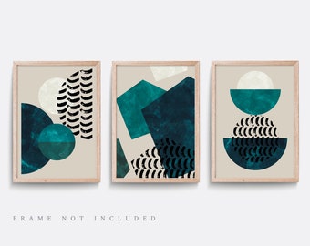 Teal Abstract Print Set: Minimalist Modern Wall Art