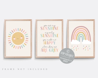 Rainbow Nursery Print Set: Sunshine, Name Art, Girl Bedroom Decor