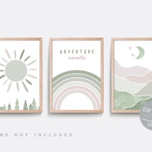 Green Nursery Prints Set: Mountain, Rainbow, Sun Wall Art