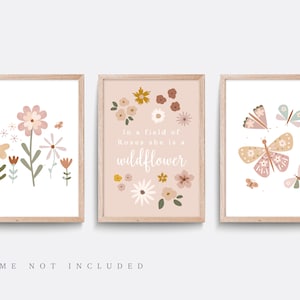 Wildflower nursery print, Set of 3 prints, Floral nursery art, Girl bedroom art, Butterfly print, In a field of Roses she is a wildflower