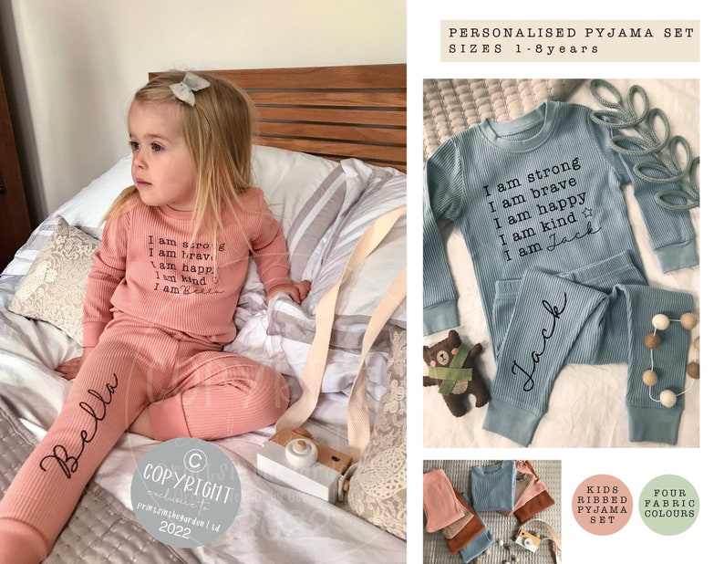 Kid's Personalised Pyjamas, Children's Pyjamas, Kid's Loungewear Set, Unisex kid's Pyjamas, Fitted leggings and top set image 1