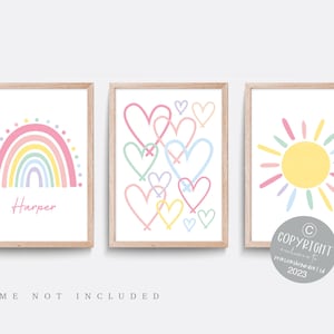 Rainbow nursery print, Heart wall art, Pink nursery decor, sunshine nursery, Girl bedroom, Set of 3, Girl's purple prints, Sun wall art