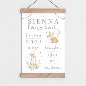 Birth details print, Bunny Rabbit print, Birth poster, Baby name print, Baby name sign, Christening/baptism gift, Baby name wall art