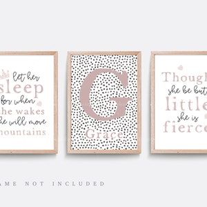 Girls nursery prints, Set of 3 prints, Pink nursery decor, Name print, Let her sleep, Though she be but little she is fierce, Pink quote art