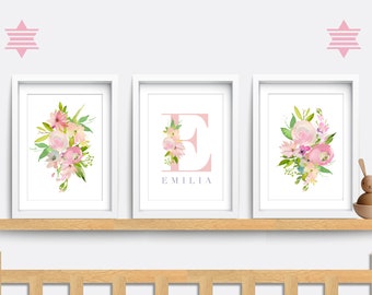 Floral Nursery Print Set: Pink Flower Decor, Personalized Name Art