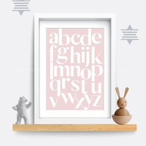 Alphabet nursery print, ABC wall art, Baby nursery decor, Pink girls print, Kids bedroom art, Typography print, Educational poster