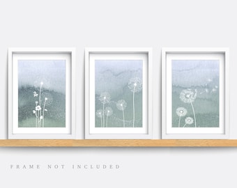 Abstract Print, Set of 3 Prints, Plant wall art, Minimalist Prints, Blue and green Art Print, Home decor, Dandelion print, Living room