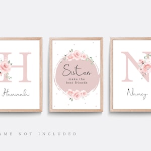 Sisters Nursery Prints, Floral Name Art, Set of 3