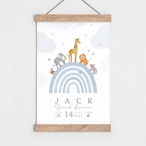 Birth details print, Safari animal print, Birth poster, Baby name print, Baby name sign, Christening/baptism gift, Baby name wall art