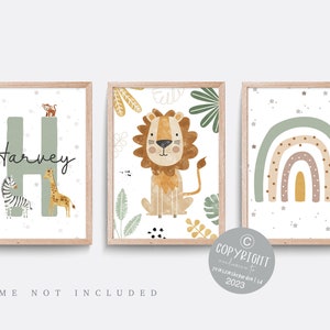 Safari nursery print, Lion wall art, Safari nursery decor, Boys nursery art, Baby name print, Jungle animal art, Boy bedroom art, Set of 3