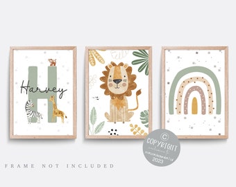 Safari Animal Nursery Print Set: Lion, Rainbow, Personalized Name Art