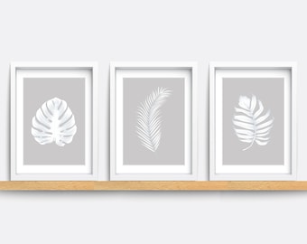 Set of 3 Prints, Plant art prints, grey wall art, Modern art print, Botanical print, living room decor, flower art, bedroom print, Leaf art