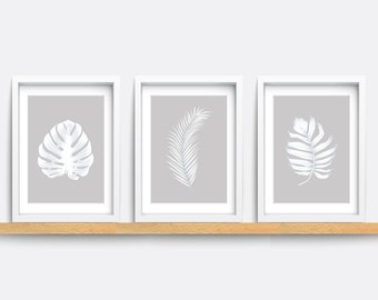 Botanical Print Set: Grey Leaf Art, Modern Home Decor