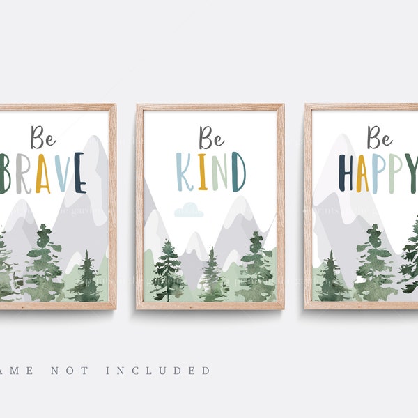 Boy wall art, Set of 3, Green and grey nursery prints, Mountain nursery decor, Be brave be kind print, Outdoor wall art, Nursery Quote print