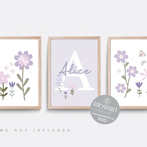 Wildflower nursery print, Set of 3 prints, Boho nursery decor, Floral nursery print, Baby name print, Girl bedroom art, Lavender wall art